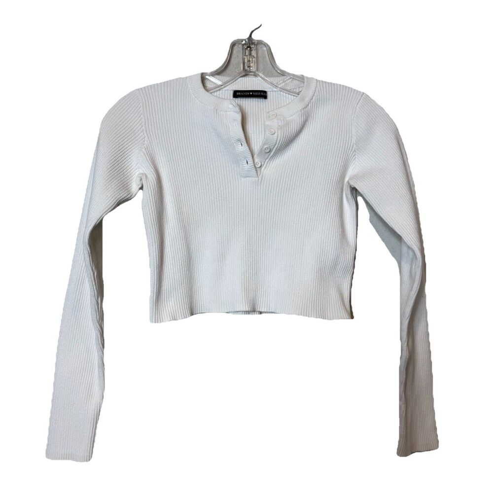 Brandy Melville Cropped Long Sleeve Top White Henley Ribbed 100% Cotton Size S